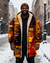 Big & Tall Men's Red And Yellow Contrast Abstract Graffiti Printed Velvet Thickened Long Hooded Coat